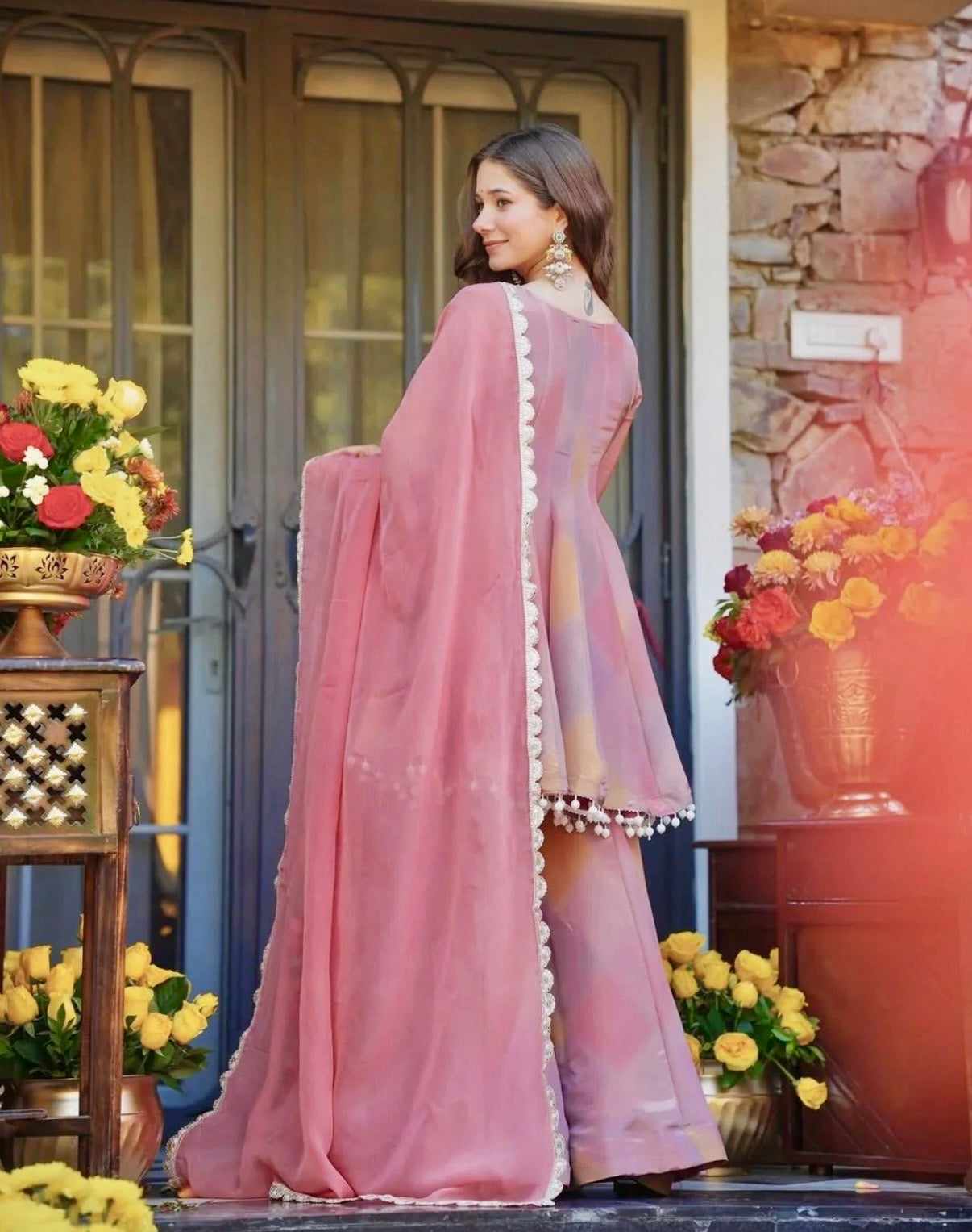 Designer Heavy Cosmos Silk Plazoo Top Set with Mirror Work & Dupatta