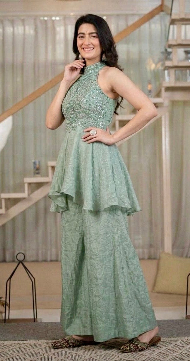 Mint Green Shimmer Georgette Indo-Western Co-ord Set