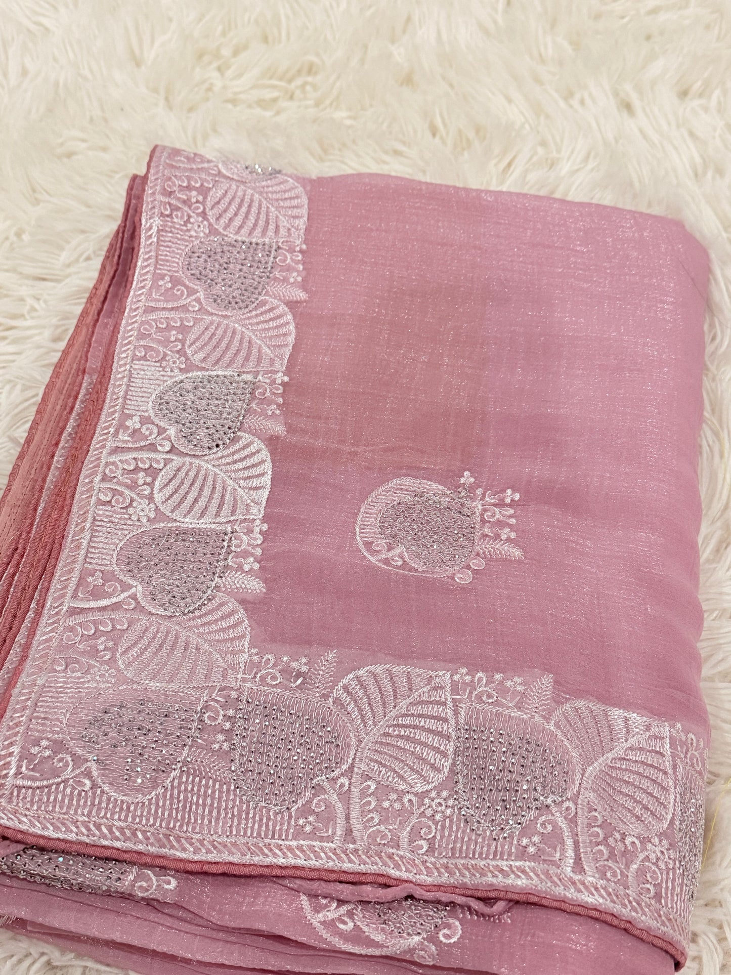 Pink Jimmy Choo Silk Saree with White Embroidery | Festive & Party Wear