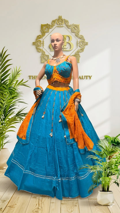 Vibrant Sky Blue Lehenga Choli with Mustard yellow Dupatta (Beach Sunset Theme)