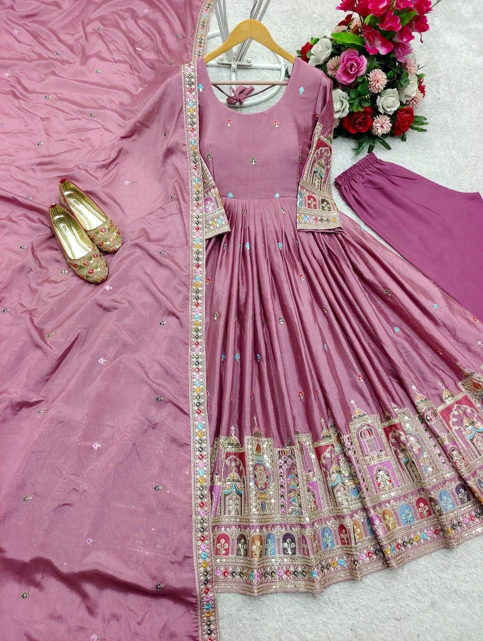 Pure Chinon Silk Gown Pant Dupatta Set