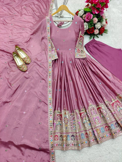 Pure Chinon Silk Gown Pant Dupatta Set