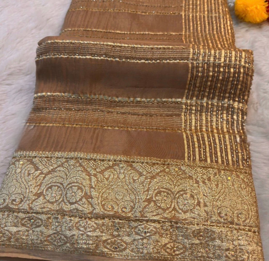 HO Silk Saree with Golden Zari Border & Sequin Work
