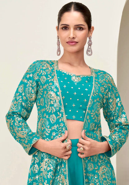 Chinon Silk Embroidered Long Jacket With Palazzo Set