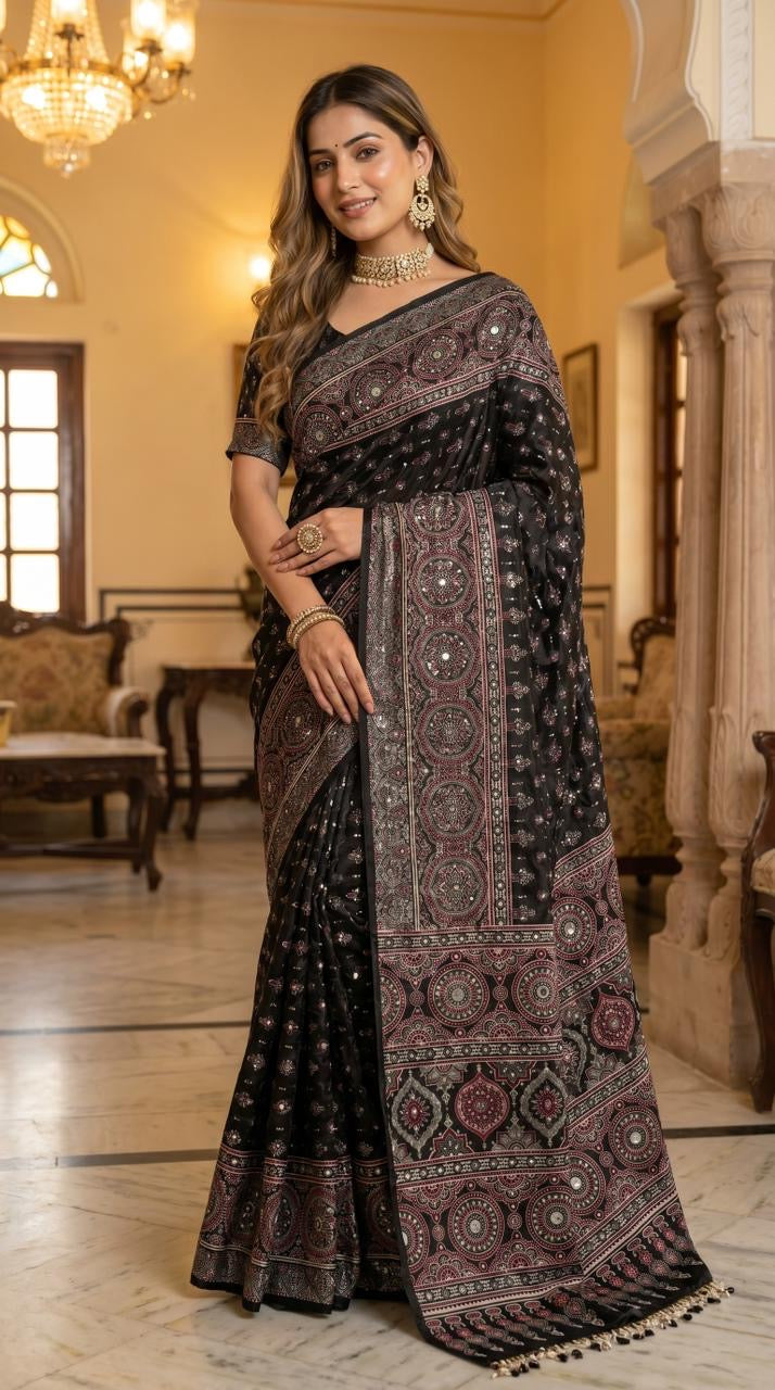 Ajrakh Print Satin Saree with Mirror Work & Moti Latkan