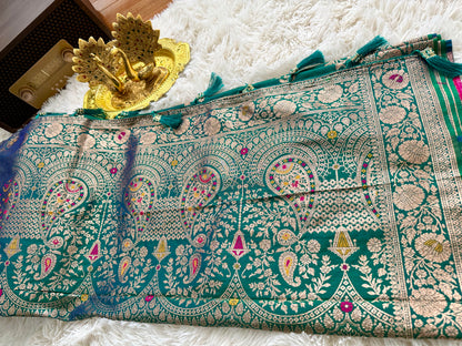 Dual Tone Rama Green Banarasi Saree (Fast Delivery in USA: 2–3 Business Days)