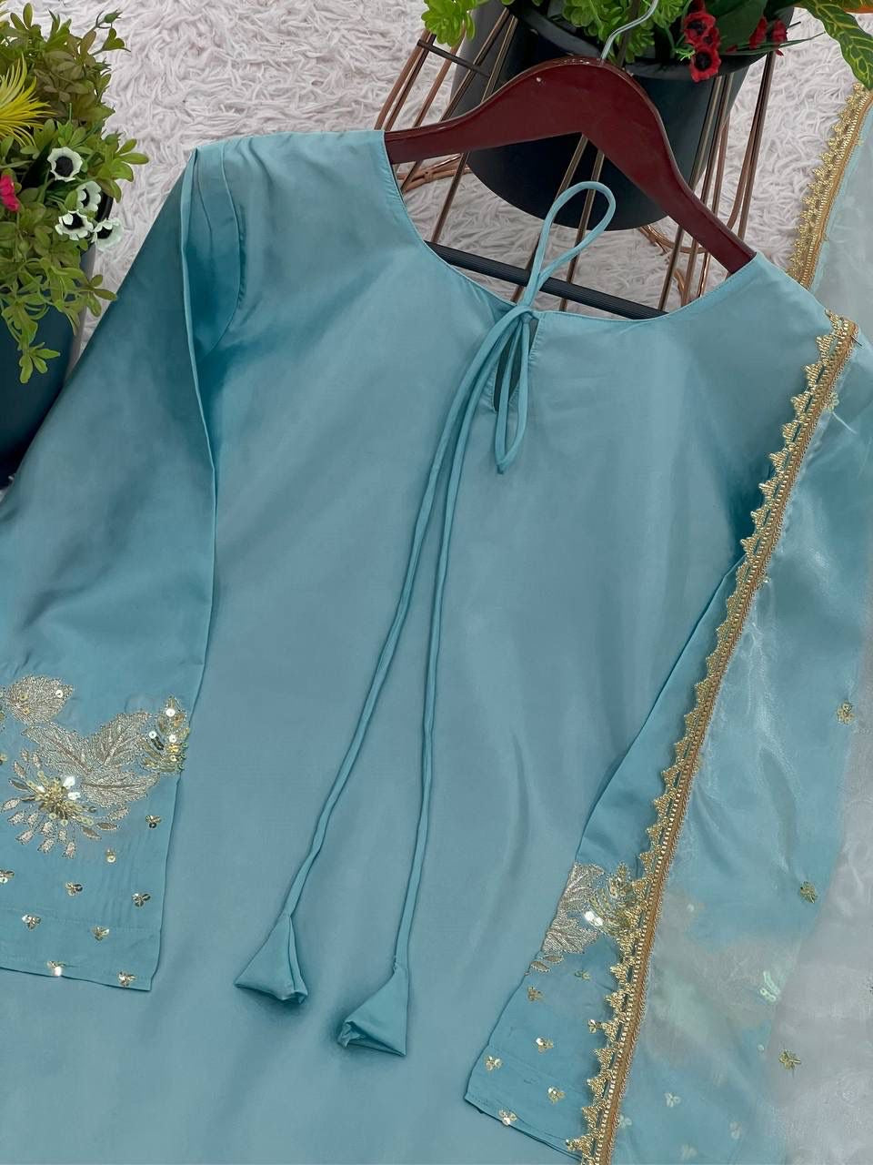 Sky Blue Designer Crepe Silk Palazzo Suit Set with Organza Dupatta