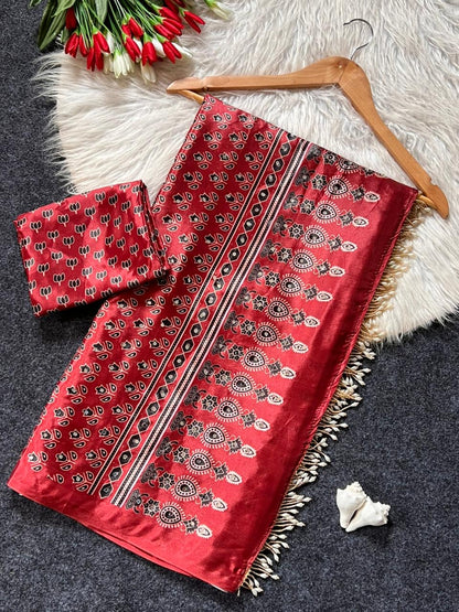 Ajrakh Print Satin Saree with Mirror Work & Moti Latkan