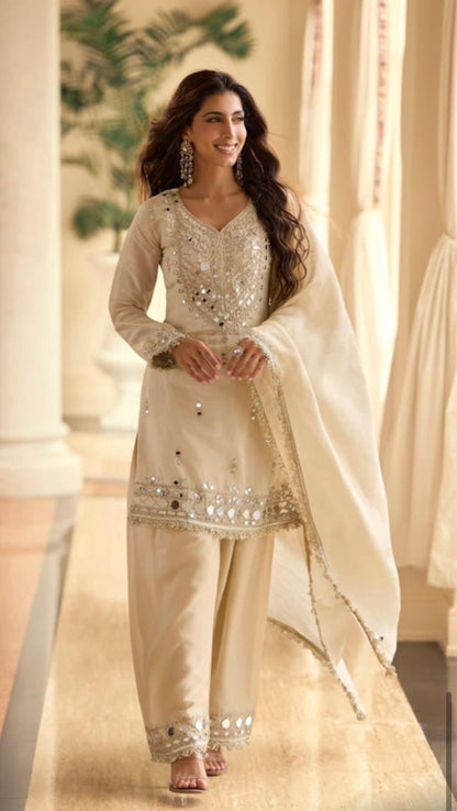 Mirror Work Simar Silk Suit Set with Embroidered Dupatta