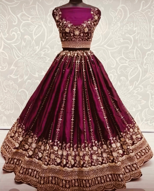 Maroon Chiffon Satin Embroidered Lehenga Set | Bridal & Festive Wear