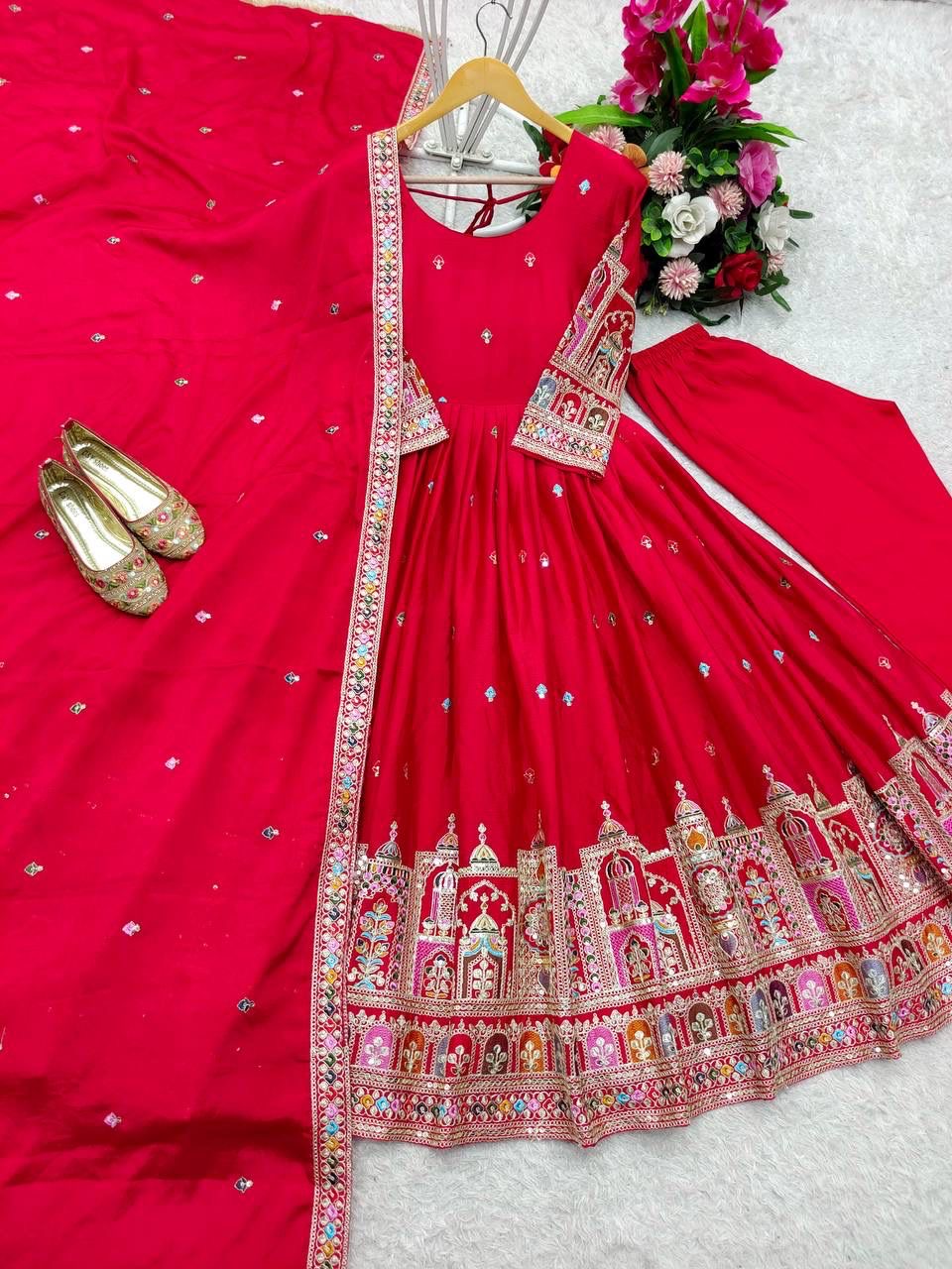 Pure Chinon Silk Gown Pant Dupatta Set