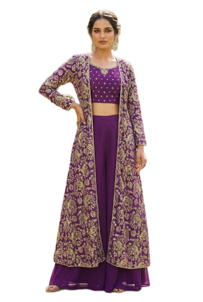 Chinon Silk Embroidered Long Jacket With Palazzo Set