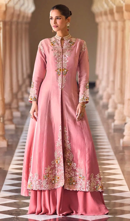 Premium Rosy Pink Chinon Silk Party Wear Anarkali Palazzo Set