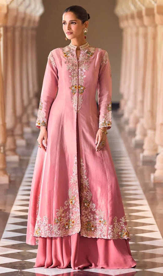 Premium Rosy Pink Chinon Silk Party Wear Anarkali Palazzo Set