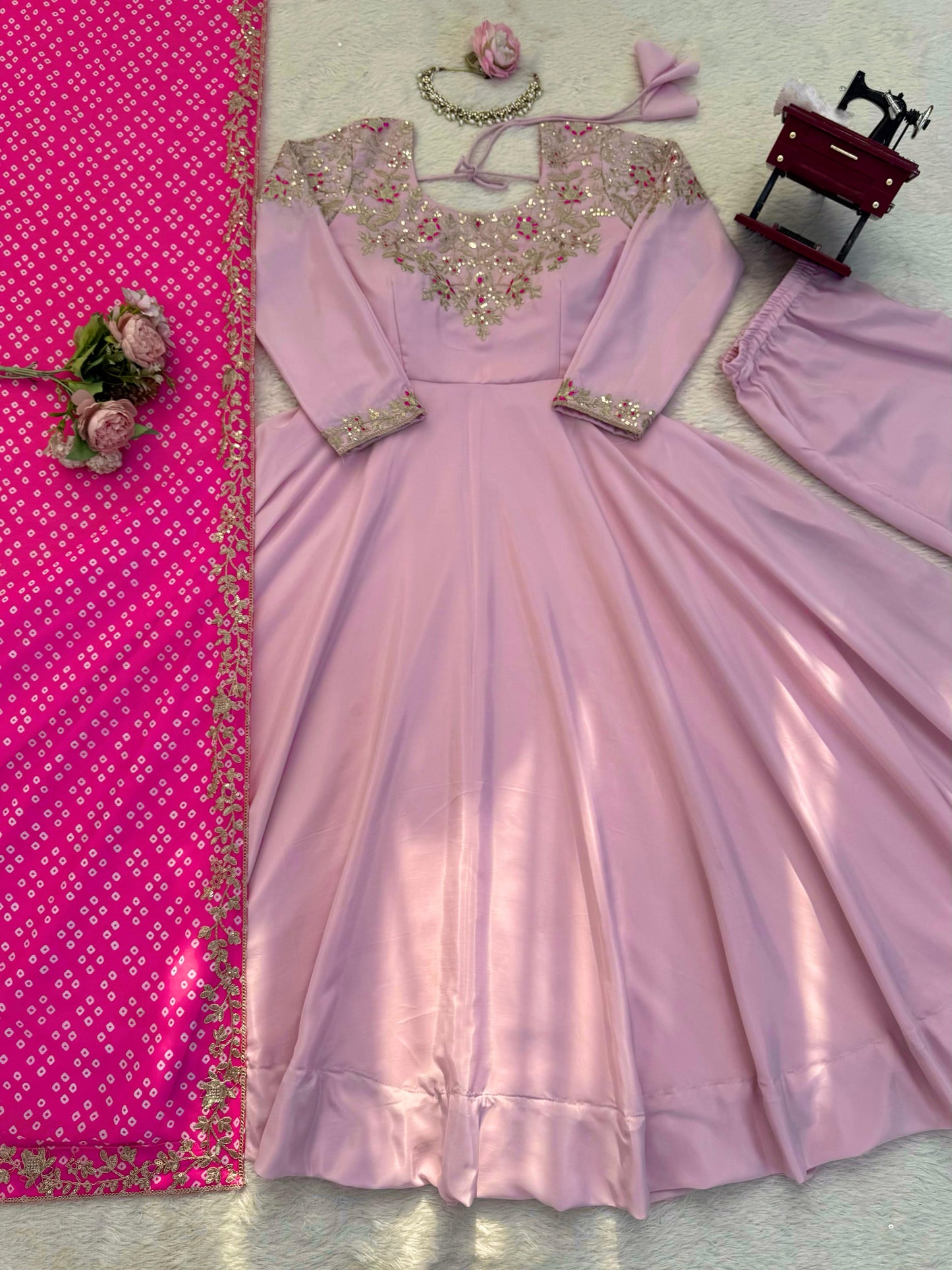 Pink Natural Crepe Silk Embroidered Gown Set with Dupatta