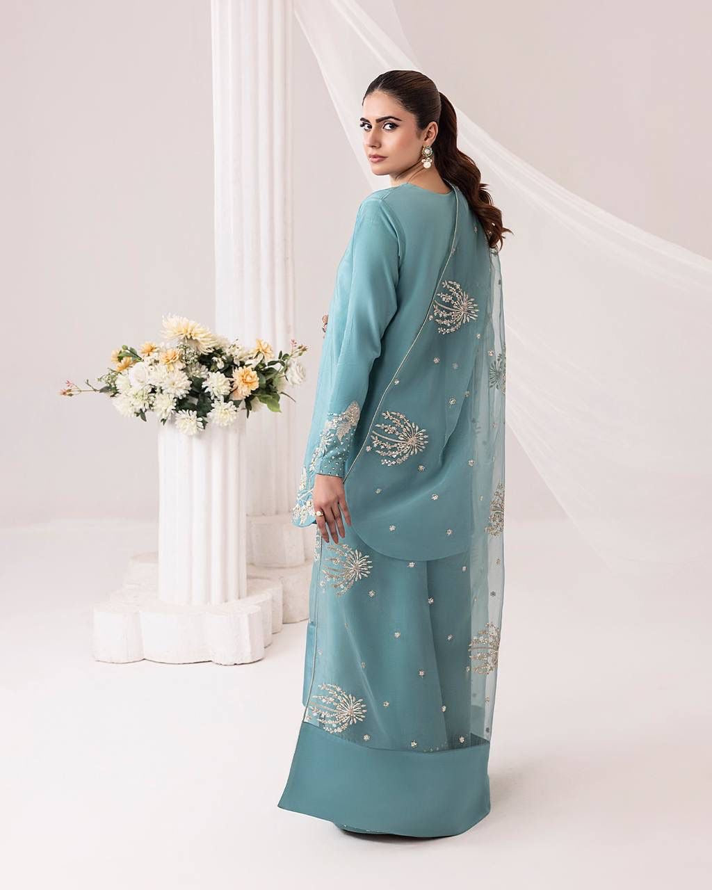 Sky Blue Designer Crepe Silk Palazzo Suit Set with Organza Dupatta