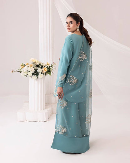 Sky Blue Designer Crepe Silk Palazzo Suit Set with Organza Dupatta