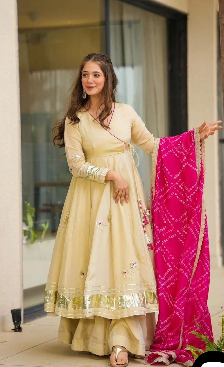 Pure Handmade Chinon Anarkali Palazzo Set with Bandhani Dupatta