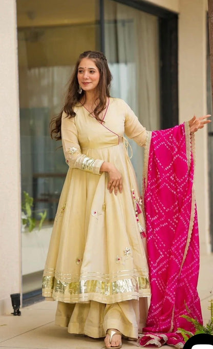 Pure Handmade Chinon Anarkali Palazzo Set with Bandhani Dupatta