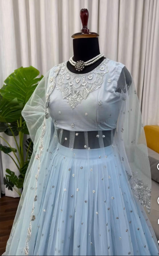 Faux Georgette Gown Lehenga Set with Sequins Work & Net Dupatta