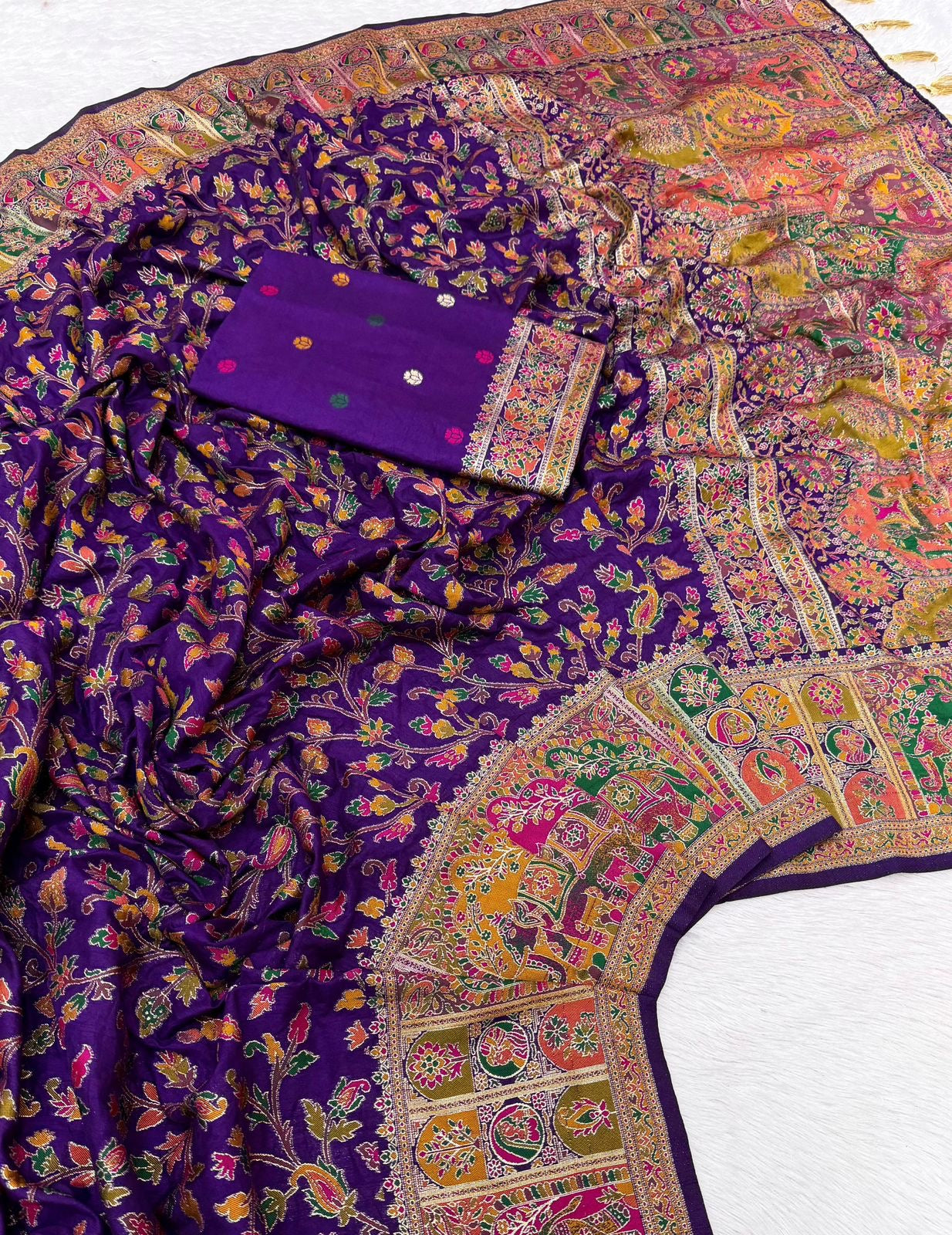 Pure Rajwadi Pashmina Silk Weaving Saree - Hand Dyed Kashmiri Pallu