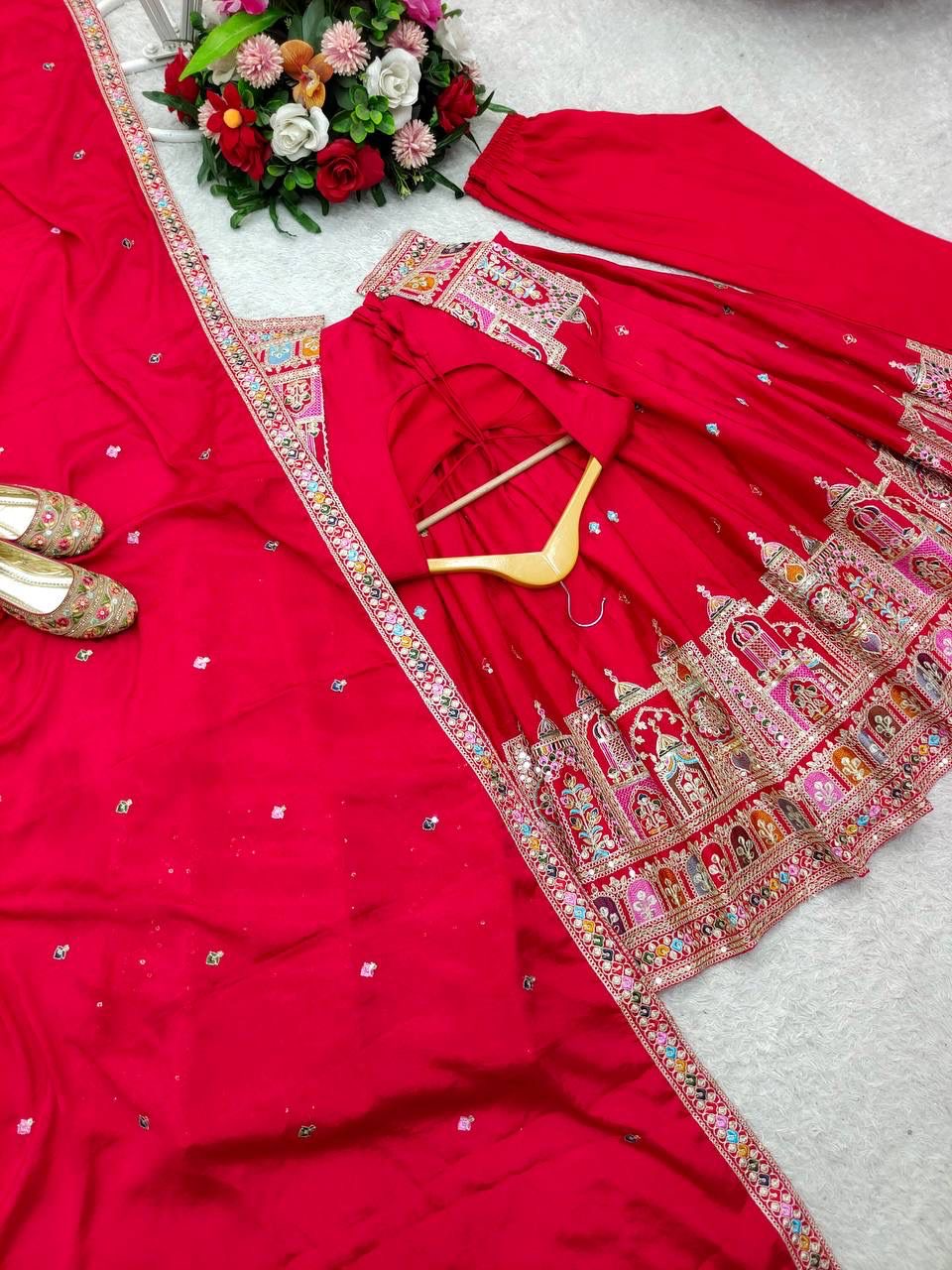 Pure Chinon Silk Gown Pant Dupatta Set
