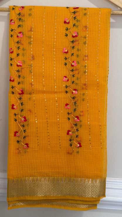 Sunshine Yellow Floral Cotton Saree with Sequins & Thread Embroidery