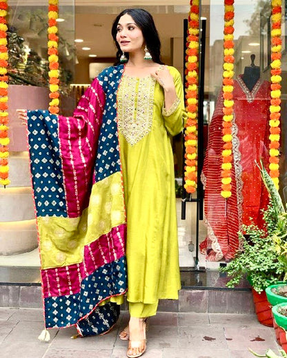Lemon Viscose Chanderi Embroidered Kurta Pant Dupatta Set