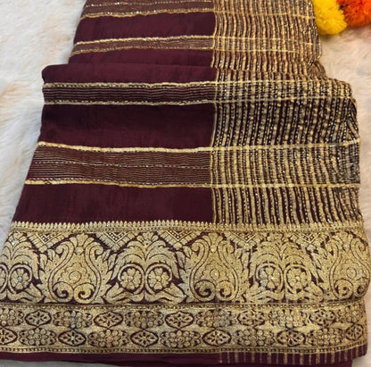 HO Silk Saree with Golden Zari Border & Sequin Work
