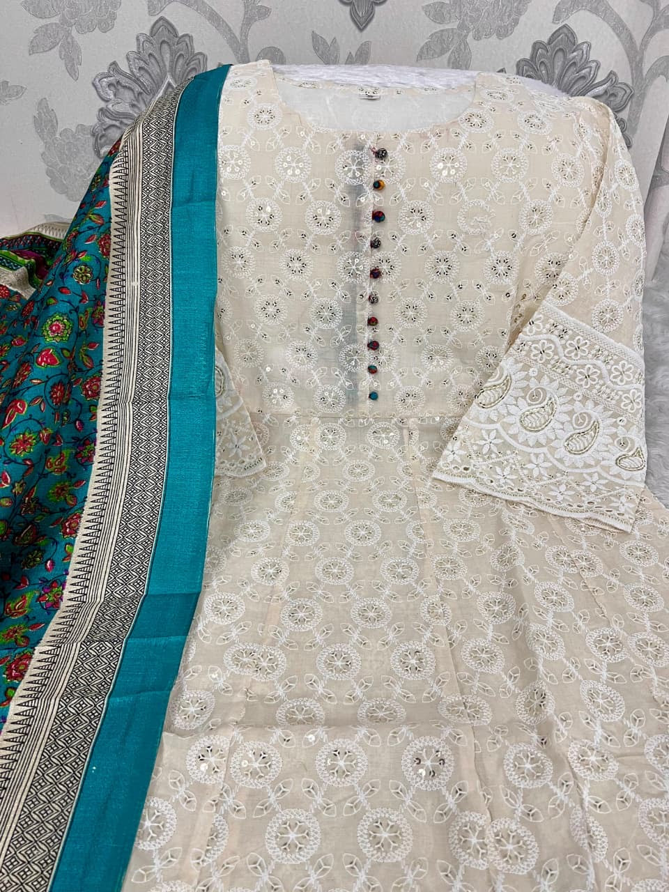 Pure Chikankari Cotton Anarkali Kurti Set with Pants & Chanderi Dupatta – Summer Ethnic Wear
