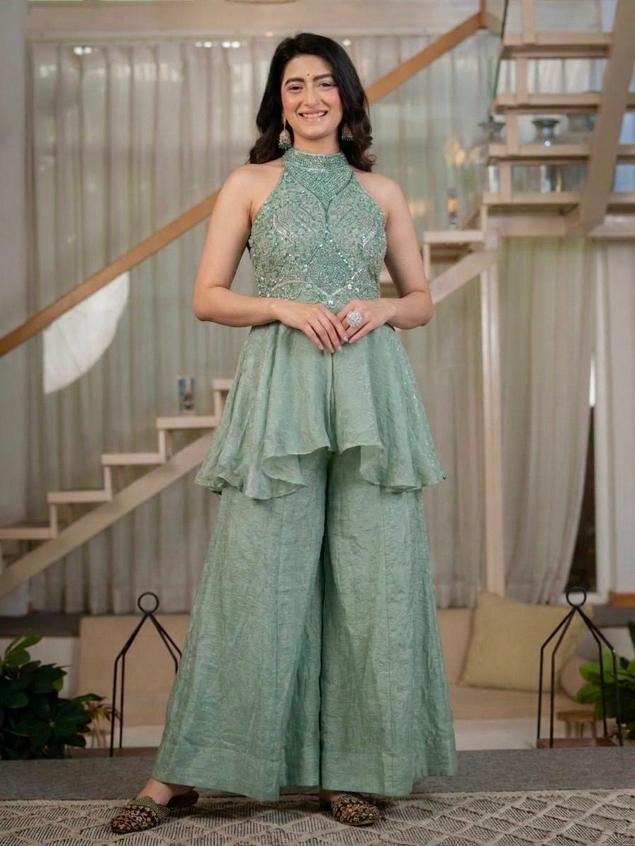 Mint Green Shimmer Georgette Indo-Western Co-ord Set