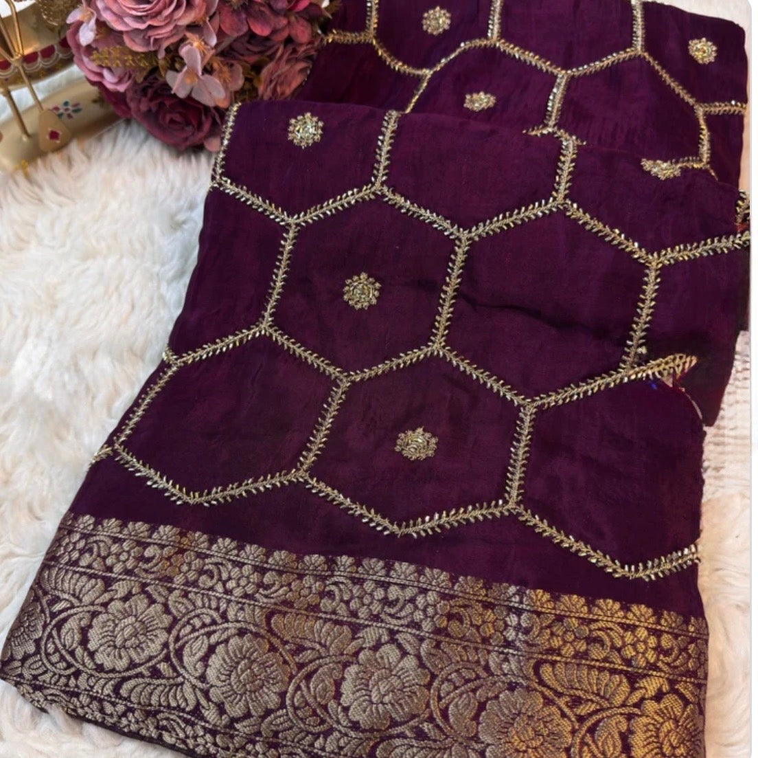 Honeycomb Handwork Soft Silk Blend Saree with Zari Border