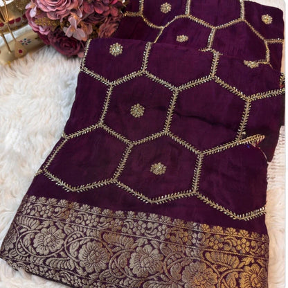Honeycomb Handwork Soft Silk Blend Saree with Zari Border