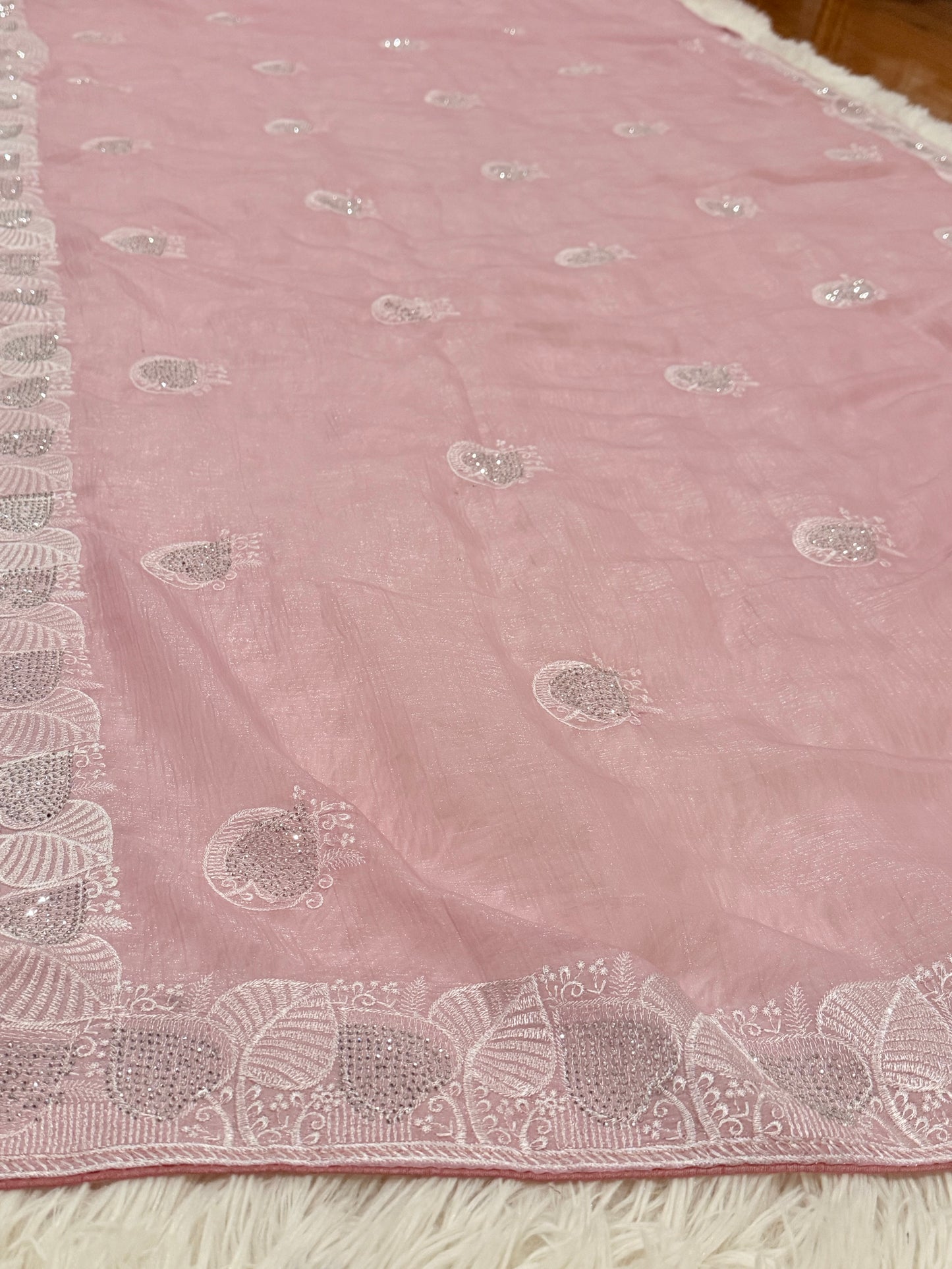 Pink Jimmy Choo Silk Saree with White Embroidery | Festive & Party Wear