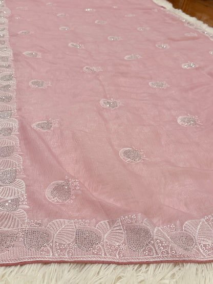 Pink Jimmy Choo Silk Saree with White Embroidery | Festive & Party Wear