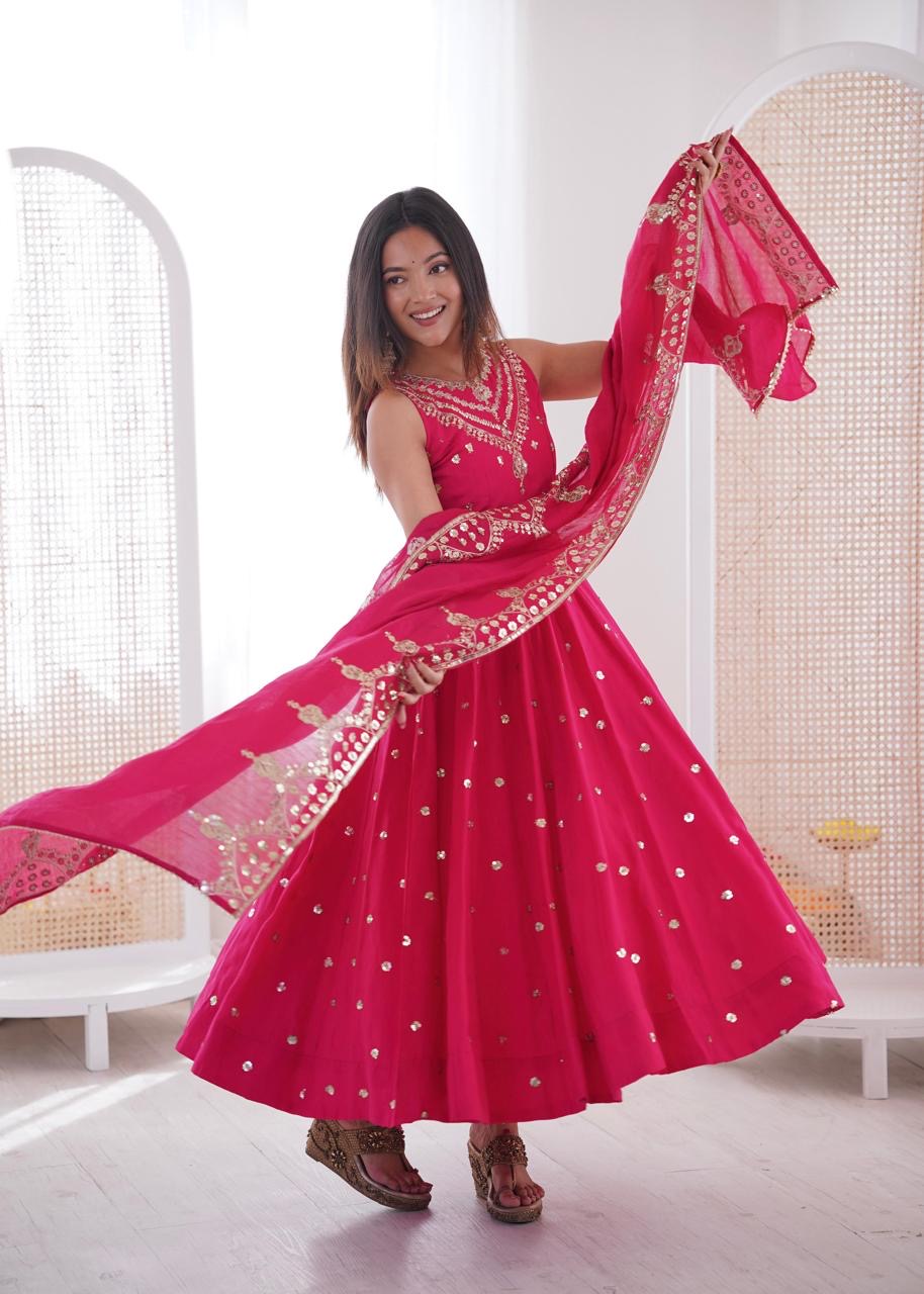 Premium Roman Silk Anarkali Gown Set with Chanderi Dupatta (Restock)