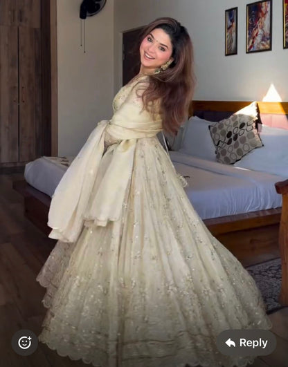 Off-White Chinon Silk Embroidered Anarkali Gown Set with Dupatta & Pants