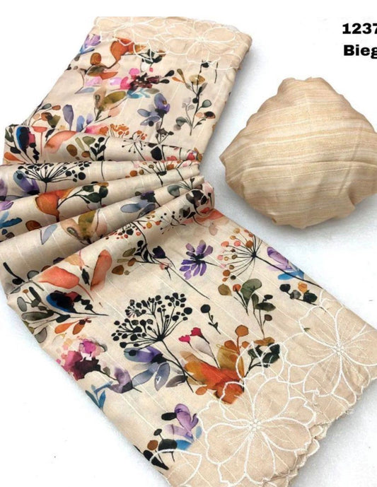 Roll of fabric with floral pattern next to a wooden shell on a white background