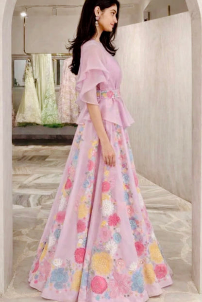 Pink Floral Indo-Western Lehenga Set