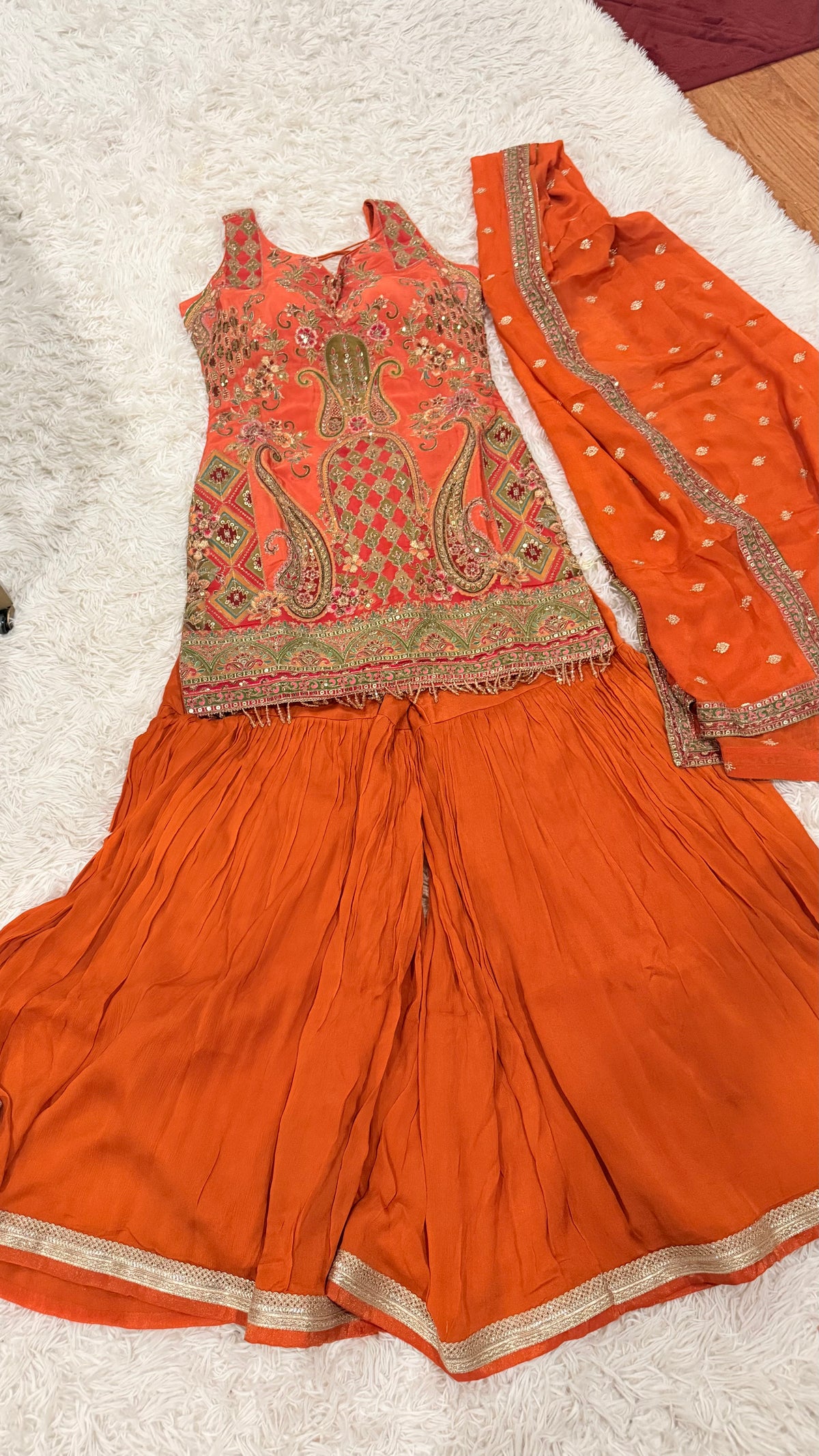 Royal Orange Silk Embroidered Sharara Suit Set with Paisley Border