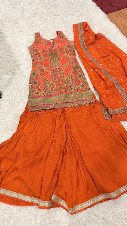 Royal Orange Silk Embroidered Sharara Suit Set with Paisley Border