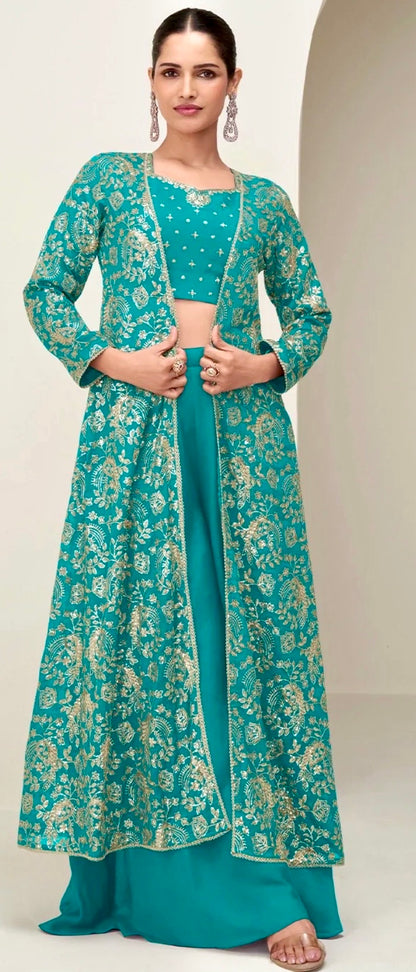 Chinon Silk Embroidered Long Jacket With Palazzo Set