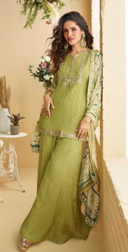 Premium Chinon Silk Embroidered Palazzo Suit Set with Dupatta – Free Size Stitched