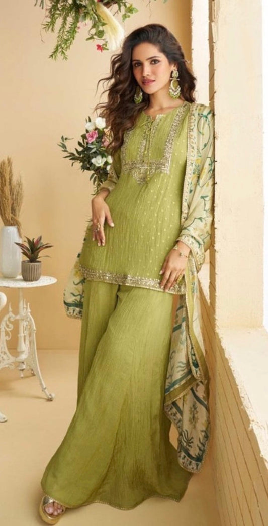Premium Chinon Silk Embroidered Palazzo Suit Set with Dupatta – Free Size Stitched