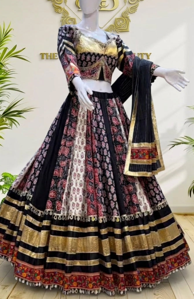 Pure Ajrakh Cotton Lehenga Choli with 8-Meter Flare & Lurex Dupatta