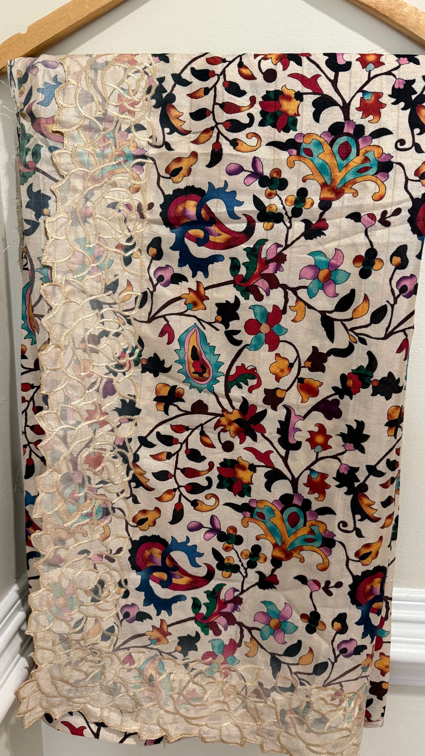 Floral Tussar Silk Saree with Cutwork Embroidered Border