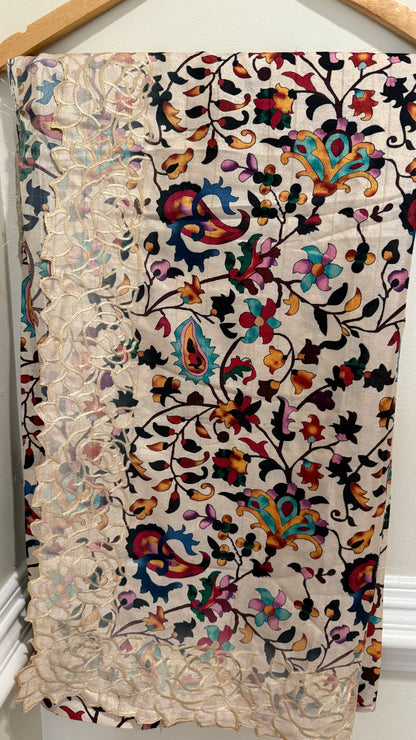 Floral Tussar Silk Saree with Cutwork Embroidered Border