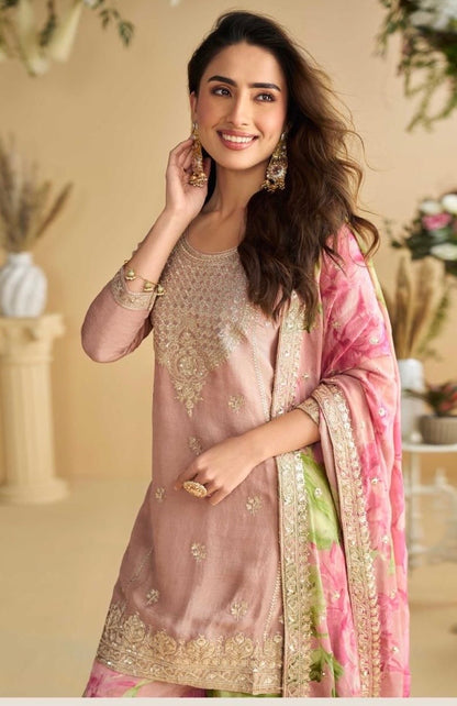 Premium Chinon Silk Embroidered Palazzo Suit Set with Dupatta – Free Size Stitched