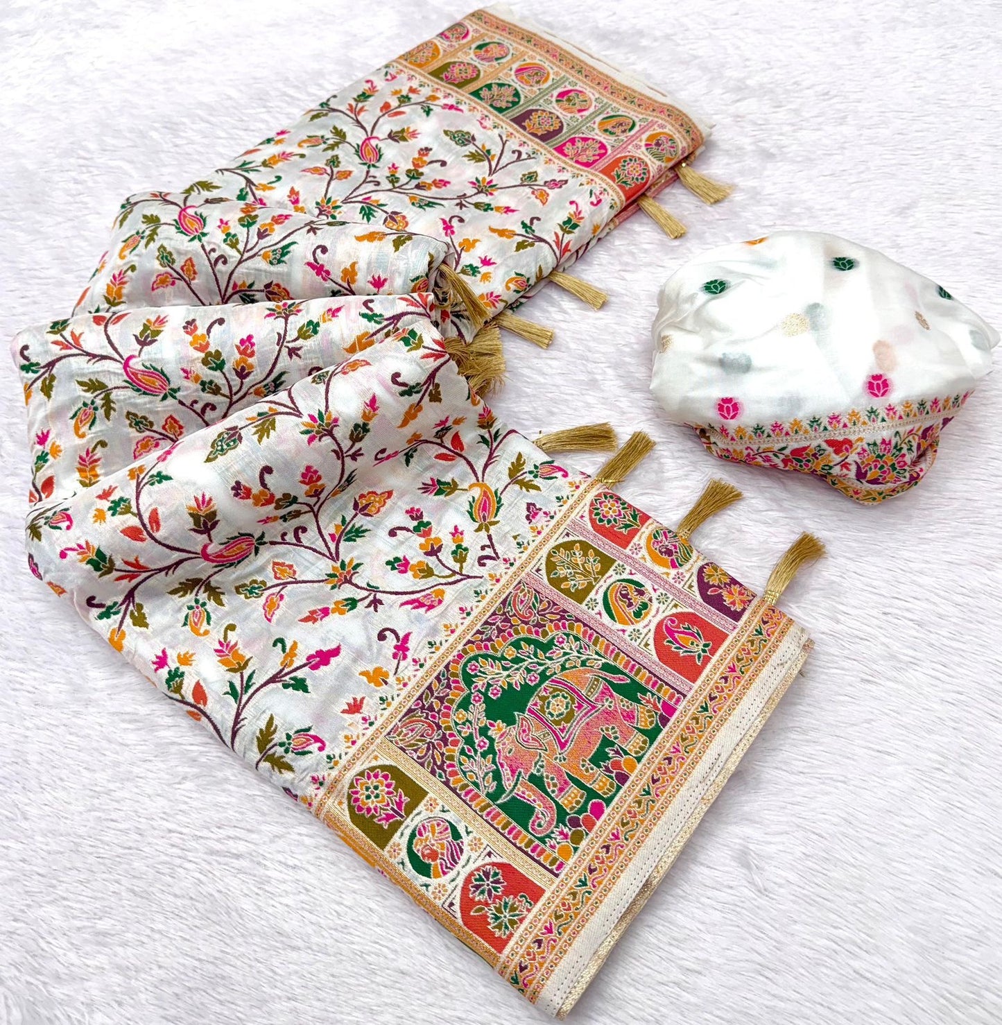 Pure Rajwadi Pashmina Silk Weaving Saree - Hand Dyed Kashmiri Pallu