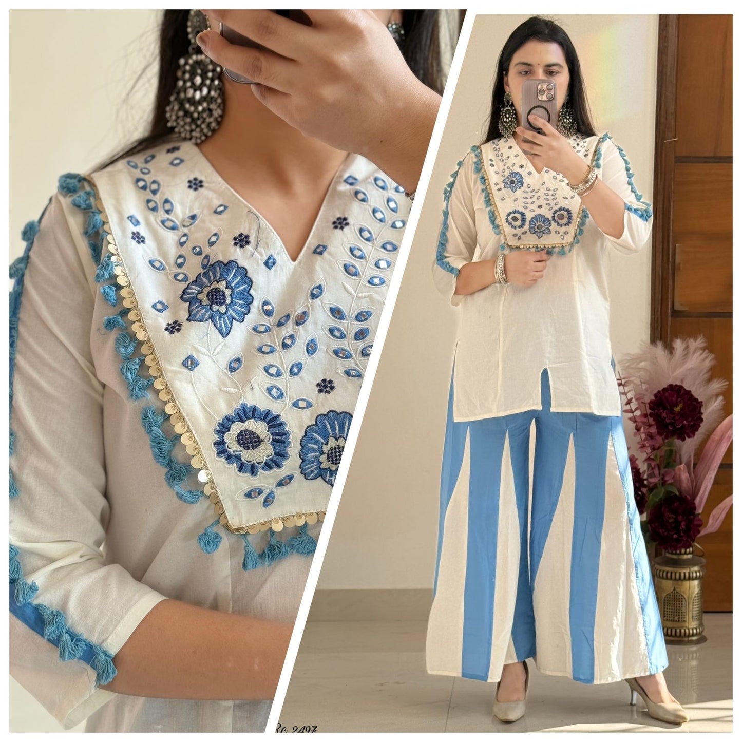 Natural Flax Cotton Mirror Work Co-ord Set